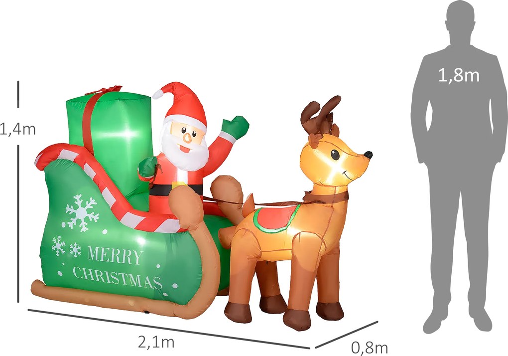 Outsunny Mikołaj na saneczkach z reniferem, dmuchany, z białym oświetleniem LED, 210 x 80 x 140 cm