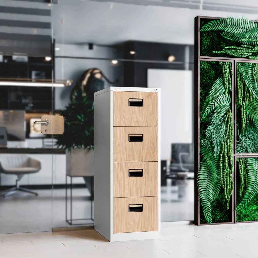 Metalowa szafa kartotekowa SARA V4, 460 x 1320 x 620 mm, Eco Design: biała/ dąb sonoma