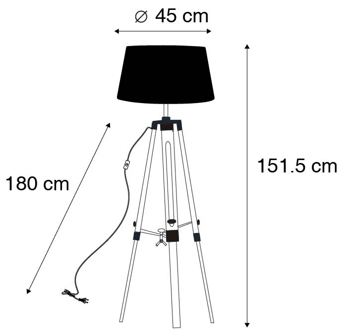 Lampa podłogowa drewno klosz lniany czarny 45cm - TripodPrzemysłowy Oswietlenie wewnetrzne