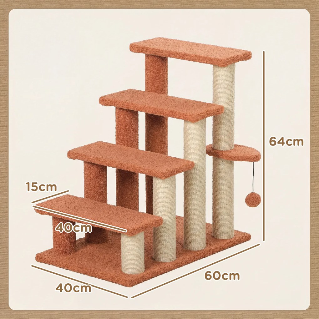 PawHut drabinka dla kota z drapakiem 4 stopnie schodki dla małych zwierząt do 5 kg brązowa 60x40x64cm | Aosom PL