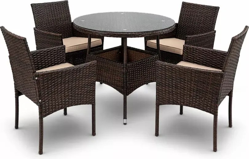 Zestaw mebli ogrodowych German technorattan brązowy/beżowy 4 fotele + stół szklany na taras ogród balkon elegancki komplet