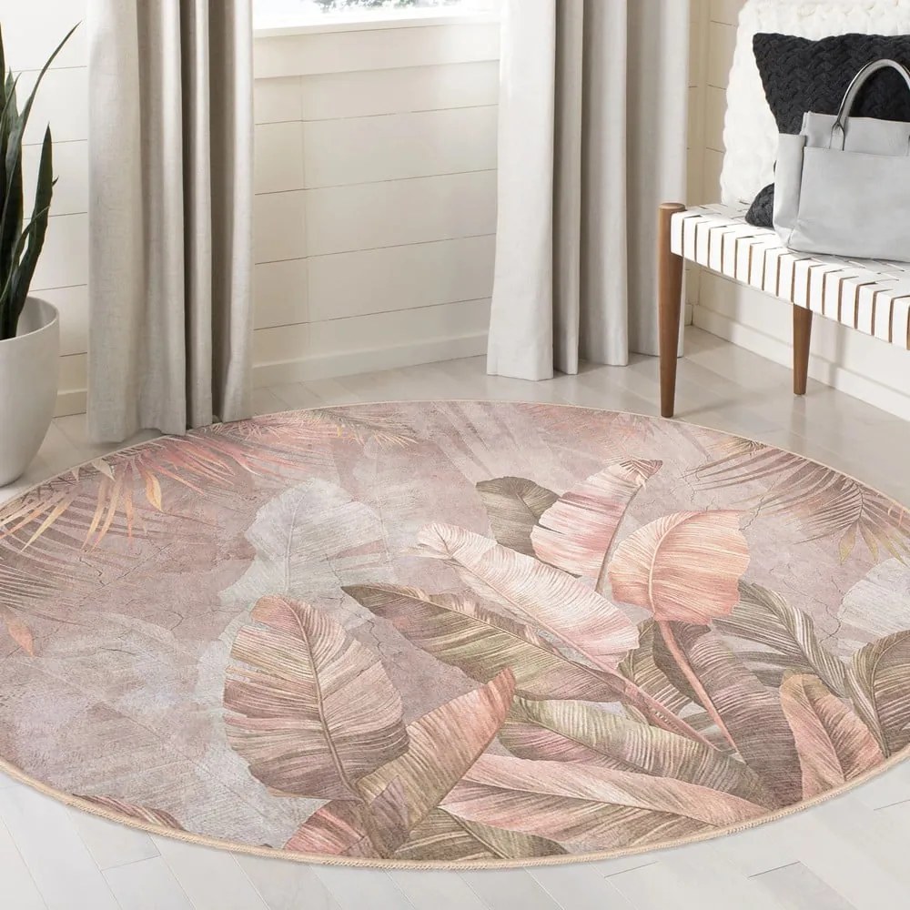 Jasnoróżowy okrągły dywan odpowiedni do prania ø 120 cm Dusty Leaves – Mila Home