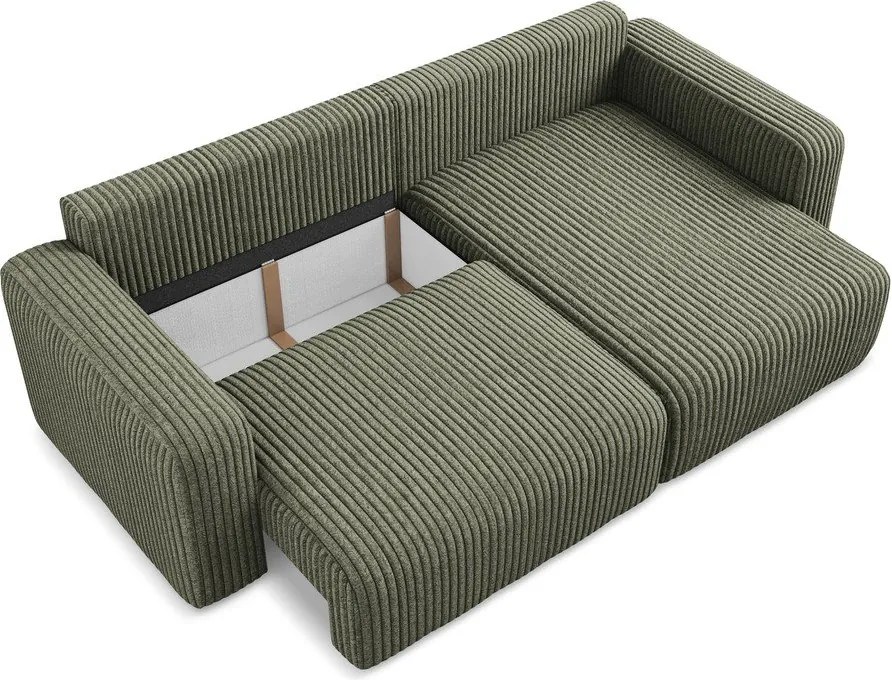 Zielony sztruksowy rozkładany/ze schowkiem narożnik (prawostronny/z szezlongiem) Kona – Makamii
