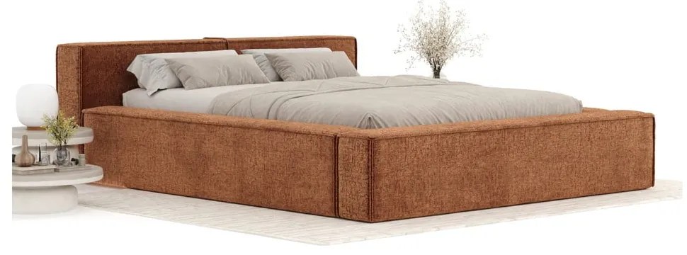 Pomarańczowe tapicerowane łóżko dwuosobowe ze schowkiem i stelażem 160x200 cm Voliera – Maison de Rêve