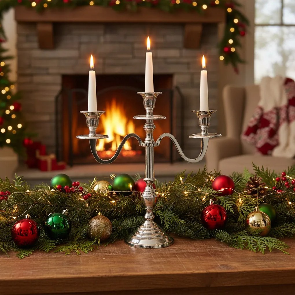 Świecznik trójramienny, srebrny, 30 cm