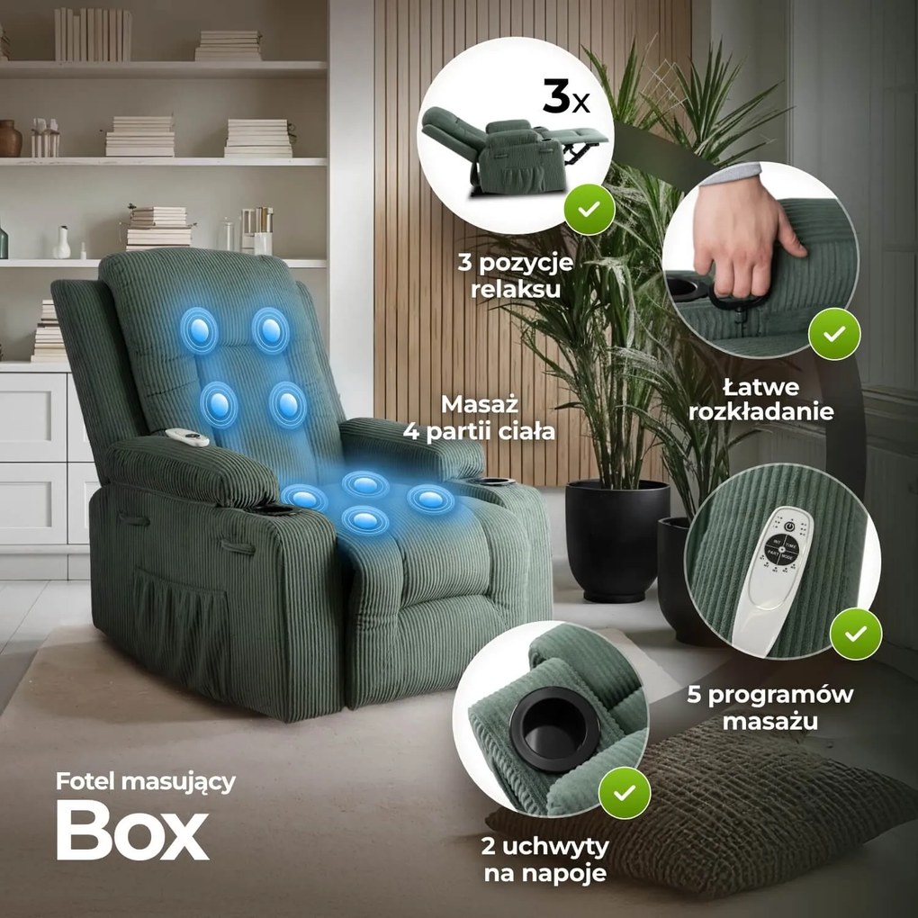 Fotel Masujący BOX Rozkładany Wypoczynkowy z Podnóżkiem Zielony Sztruksowy Nowoczesny