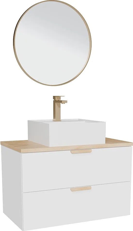 Wisząca szafka łazienkowa z umywalką wpuszczaną w blat kwadratową, baterią i lustrem – Biała – S80 cm – AVORELI