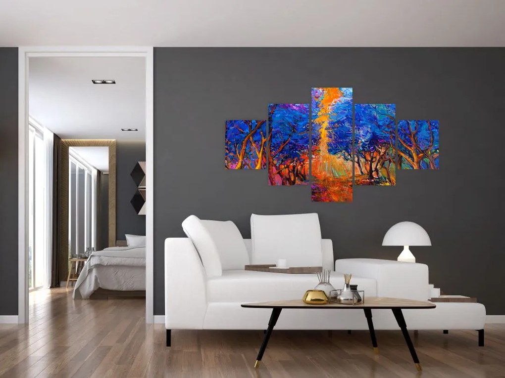 Obraz - Jesienne korony drzew, nowoczesny impresjonizm (125x70 cm)