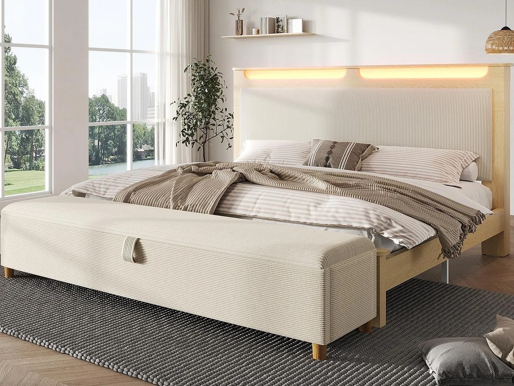 Podwójne łóżko drewniane 140×200 cm - z pufą ze schowkiem - oświetlenie LED - Zagłówek ze schowkiem - beżowe