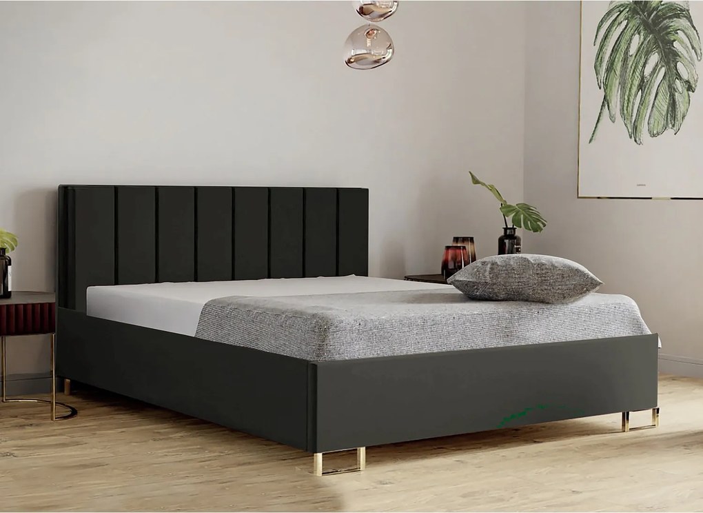 Łóżko tapicerowane MALIBU, wezgłowie, obicie MONOLITH, pojemnik na pościel, podnośnik gazowy, wysokość spania 39 cm, 120x200 cm, Ciemno Zielony