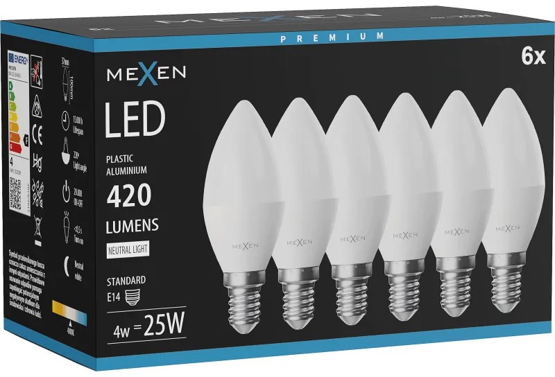 Mexen Nova 6x żarówka LED E14, C37, 4W, Neutralna - 4000K, 420 lm - L102-E14-0440-01x06