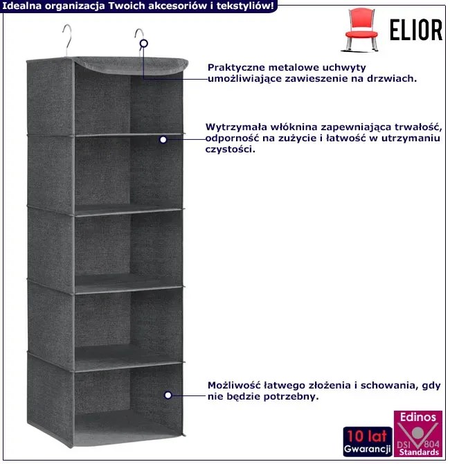 Szary wiszący organizer z 5 półkami D2-D88