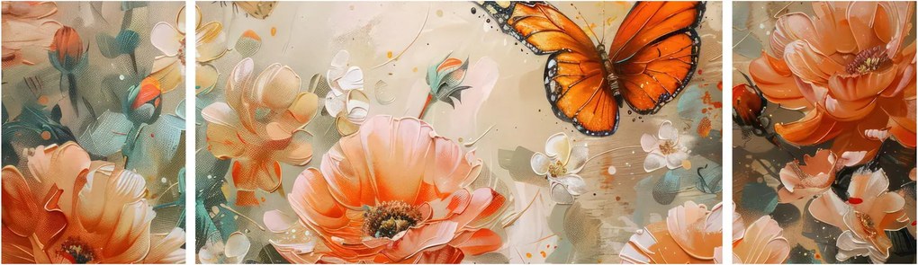 Obraz - Motyl i kwiaty, obraz olejny (170x50 cm)