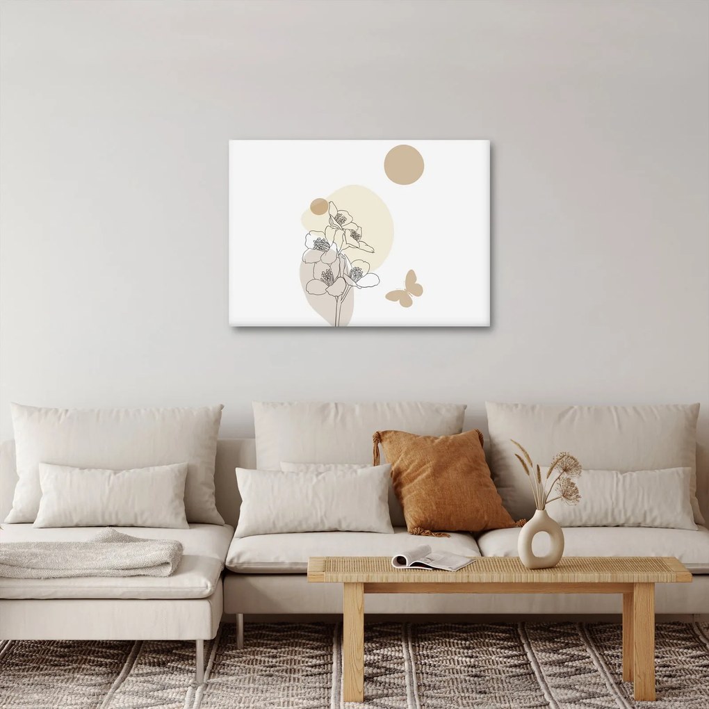 Obraz - Beżowe kwiaty z motylem N⁰4 (70x50 cm)