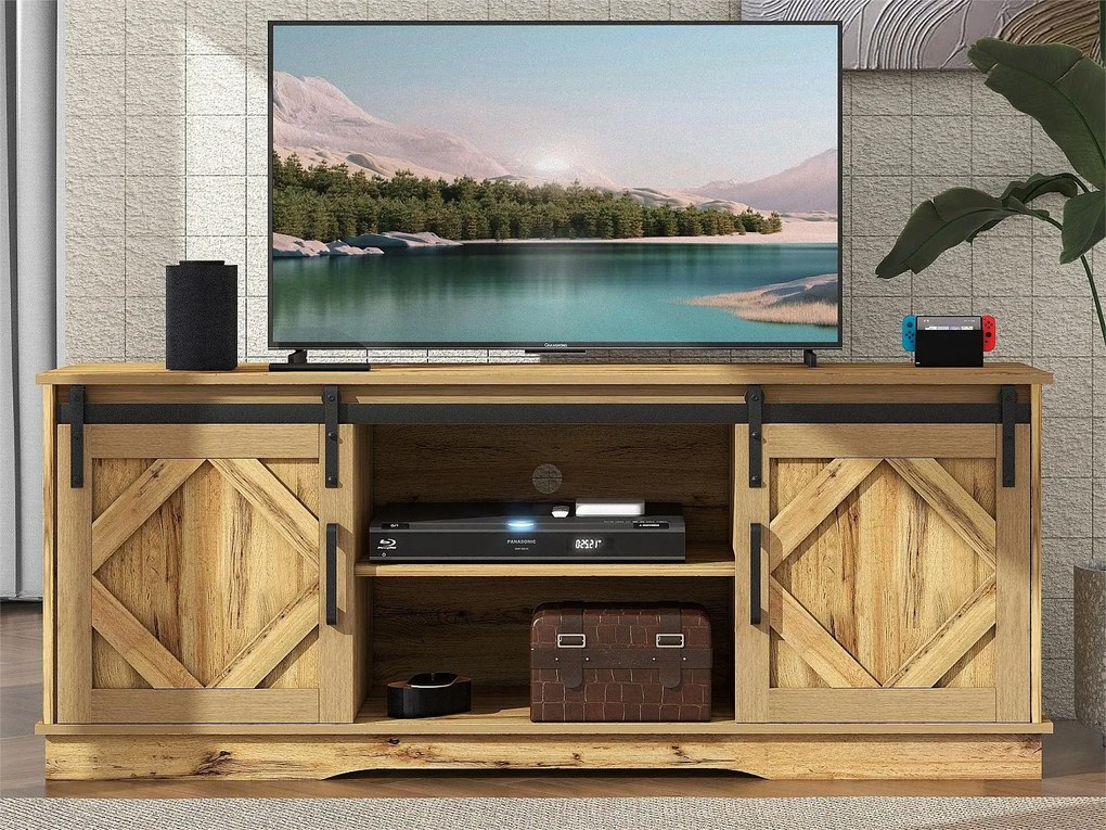 Szafka RTV z 2 drzwiami przesuwnymi - regulowane półki - do salonu, jadalni - styl klasyczny - brązowa