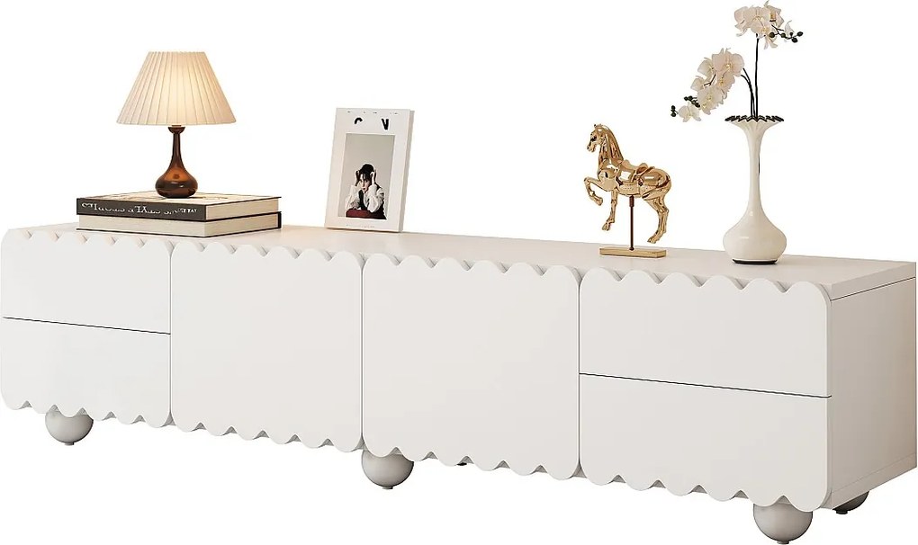 Nowoczesna szafka RTV - 175 x 38 x 37 cm - z 2 drzwiami + 4 szufladami - unikatowy design - MDF + płyta wiórowa - biała