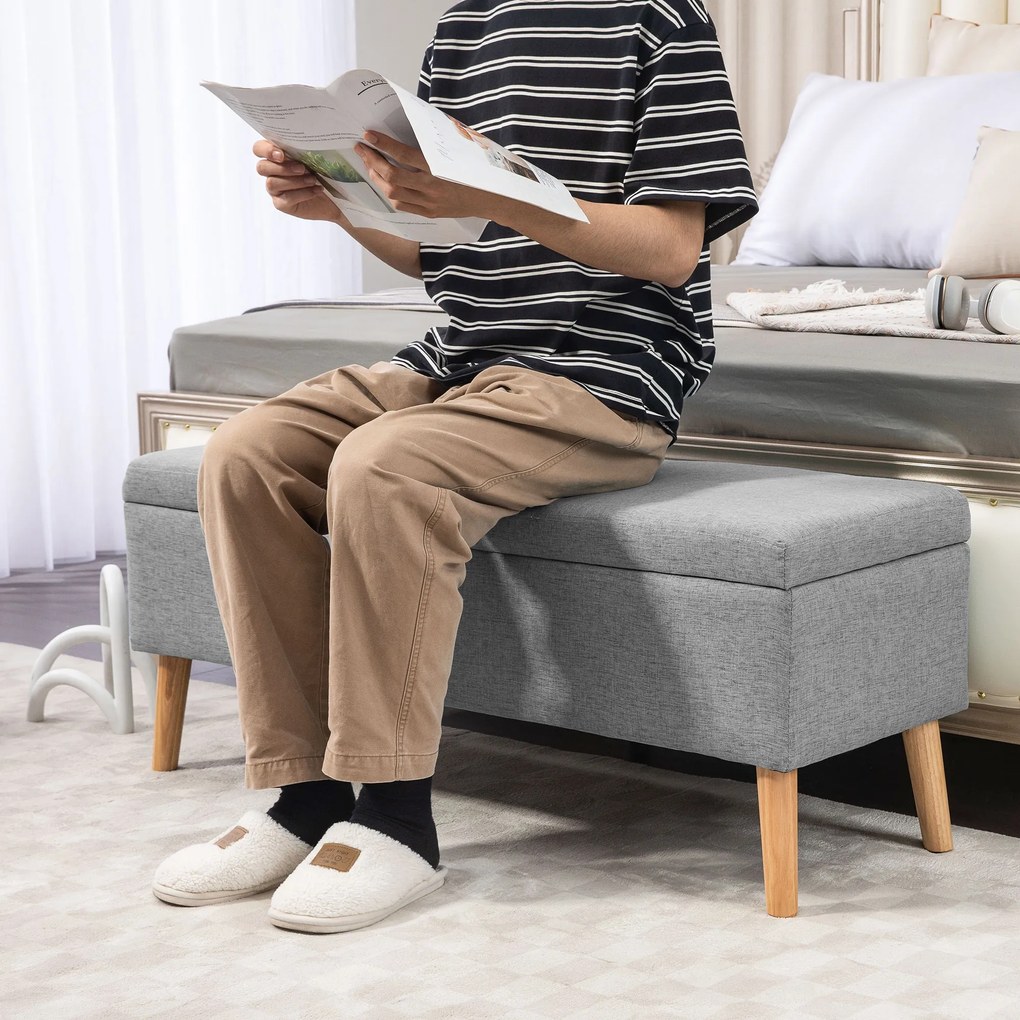 HOMCOM Ławka tapicerowana z przestrzenią do przechowywania, wykończenie w wyglądzie lnu, nogi z drewna kauczukowego, do 220 kg, 110x39x45cm, szara