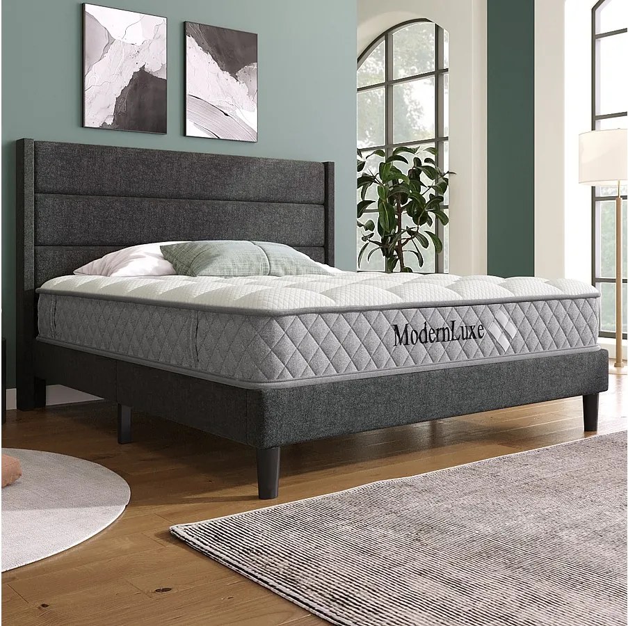 Łóżko tapicerowane dwuosobowe - 140 x 200 cm - z dnem listwowym + zagłówek - len - kolor szary (z materacem)