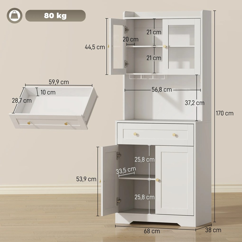 HOMCOM Szafka kuchenna z blatem roboczym, uchwytem na kieliszki do wina, szafka magazynowa do kuchni, jadalni, 170 cm, MDF, szkło, biały | Aosom PL