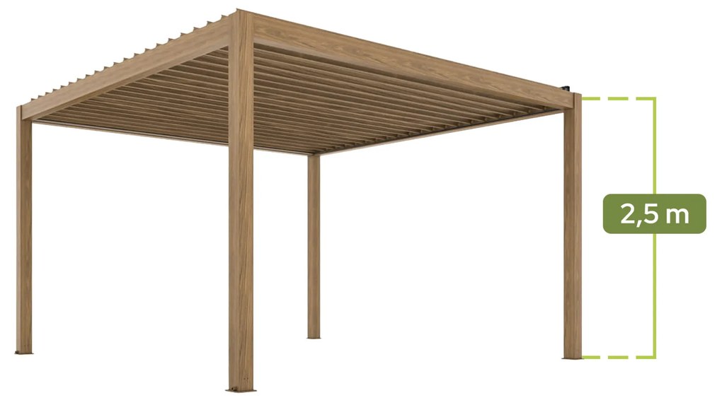 PERGOLA OGRODOWA ELEKTRYCZNA LUXE 4X4X2.5 M ALUMINIOWA Z OŚWIETLENIEM LED W KOLORZE DREWNA