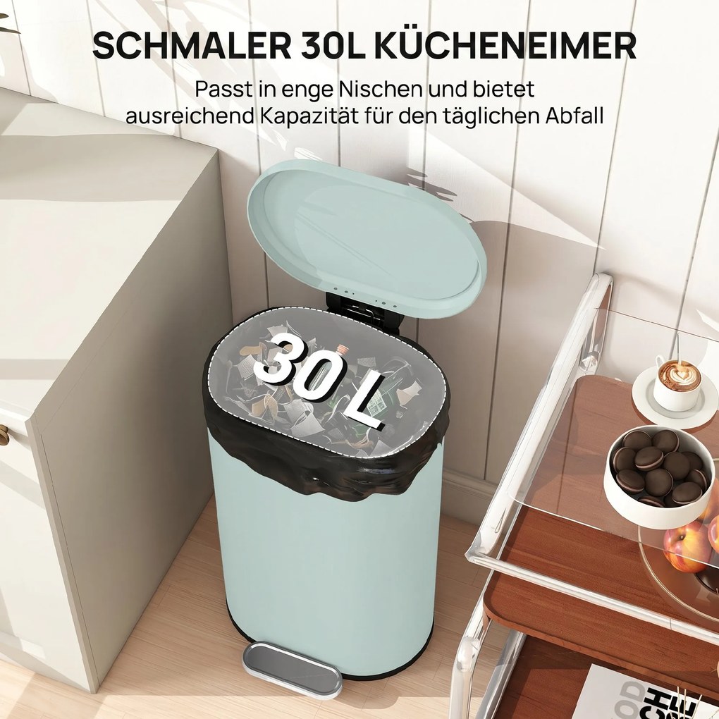 HOMCOM Kosz na śmieci kuchenny 30 l kosz na pedał z pokrywą soft-close, metalowy pedał, zielony, 36,5 x 31 x 61 cm | Aosom PL