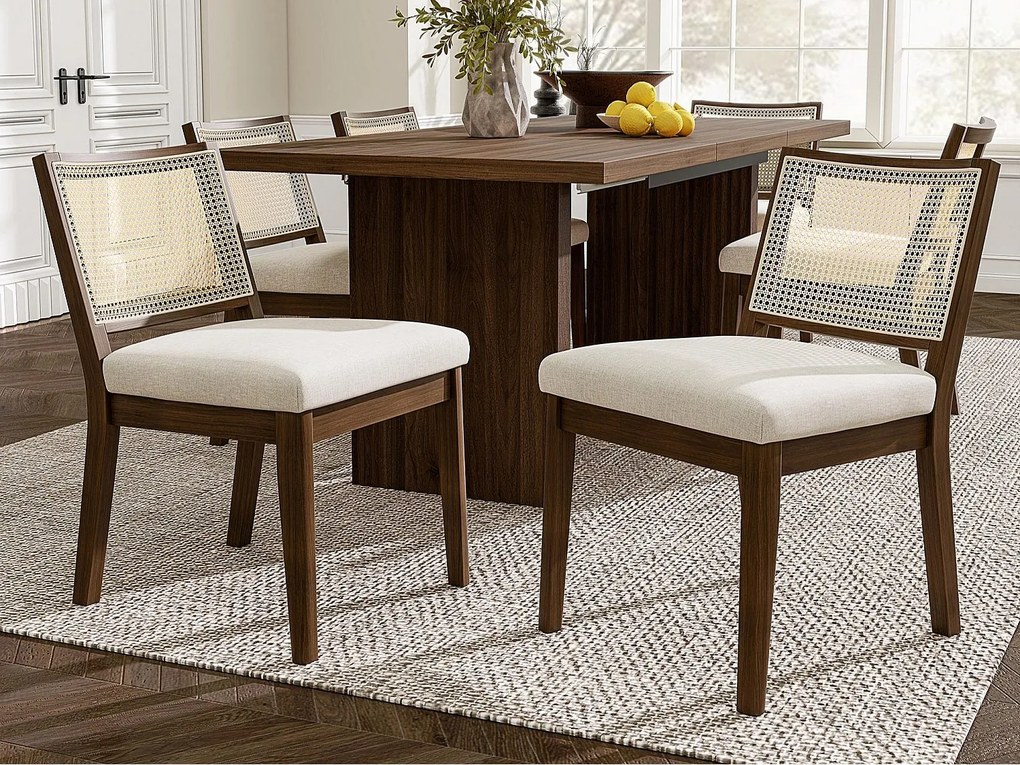 Zestaw 6 krzeseł z litego drewna - Oparcia z rattanu - Poduszki siedziskowe z lnu - Kolor orzechowy