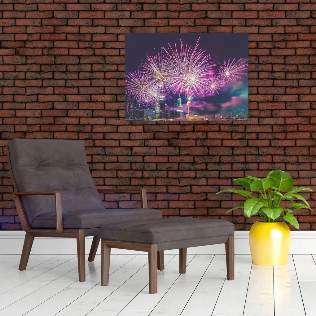 Obraz nocnego miasta z fajerwerkami (70x50 cm)
