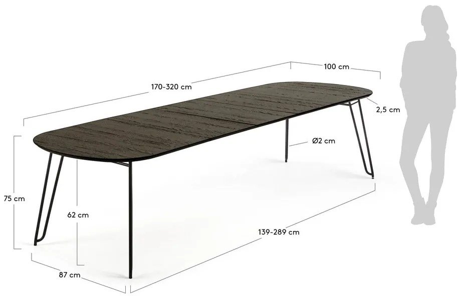 Ciemnobrązowy rozkładany stół z blatem w dekorze jesionu 100x170 cm Milian – Kave Home