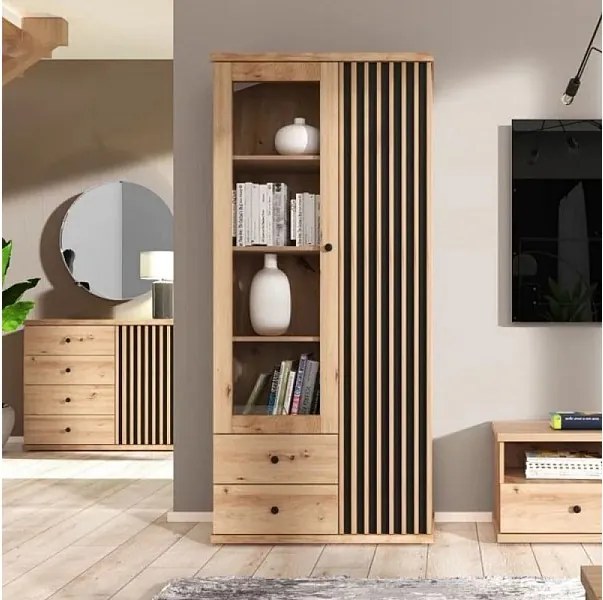 Komoda 2-drzwiowa z 2 szufladami w kolorze dębowym, szerokość 92 cm - LUBLIN