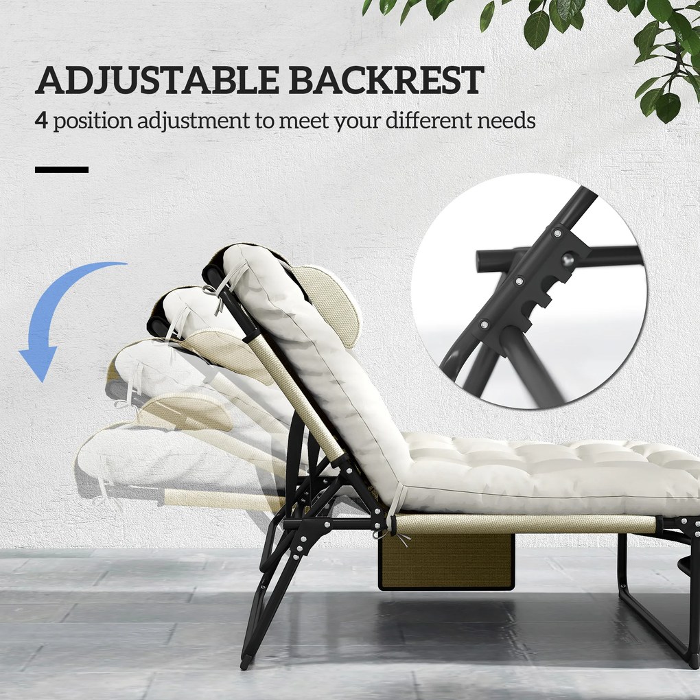 Outsunny Składany Leżak z 4-stopniową Regulacją Oparcia, Poduszką, Boczną Kieszenią, Zagłówkiem, 68 x 189 x 30 cm, Beżowy