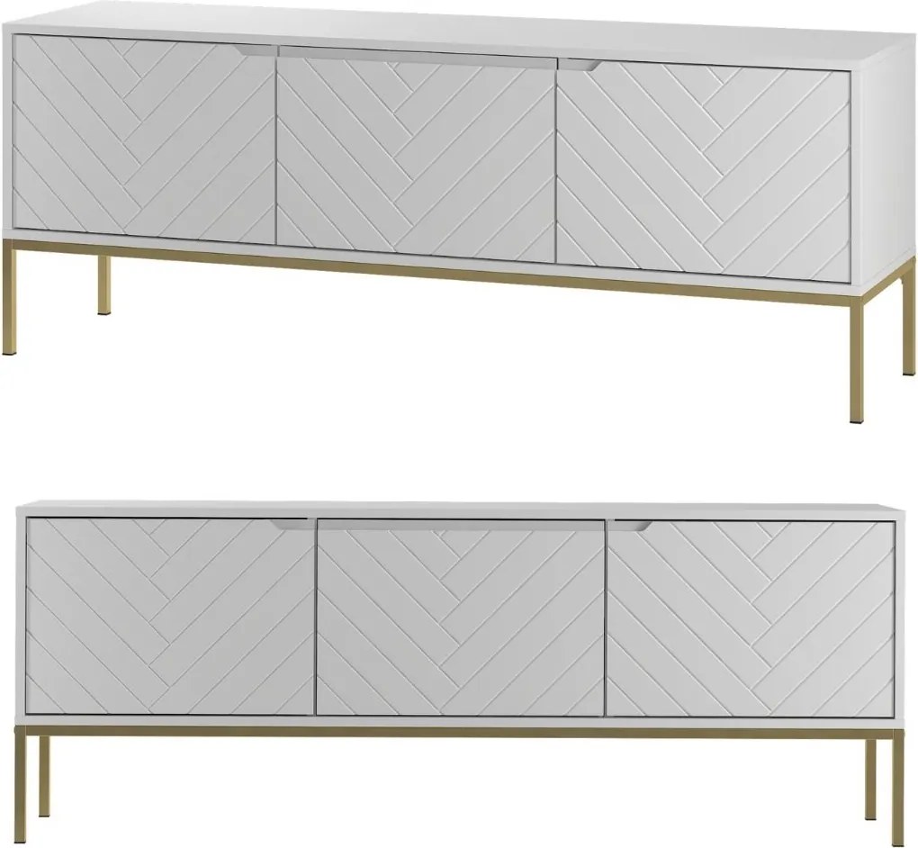 Szafka RTV w jodełkę Aspen 01 biały mat/złoty 150 cm