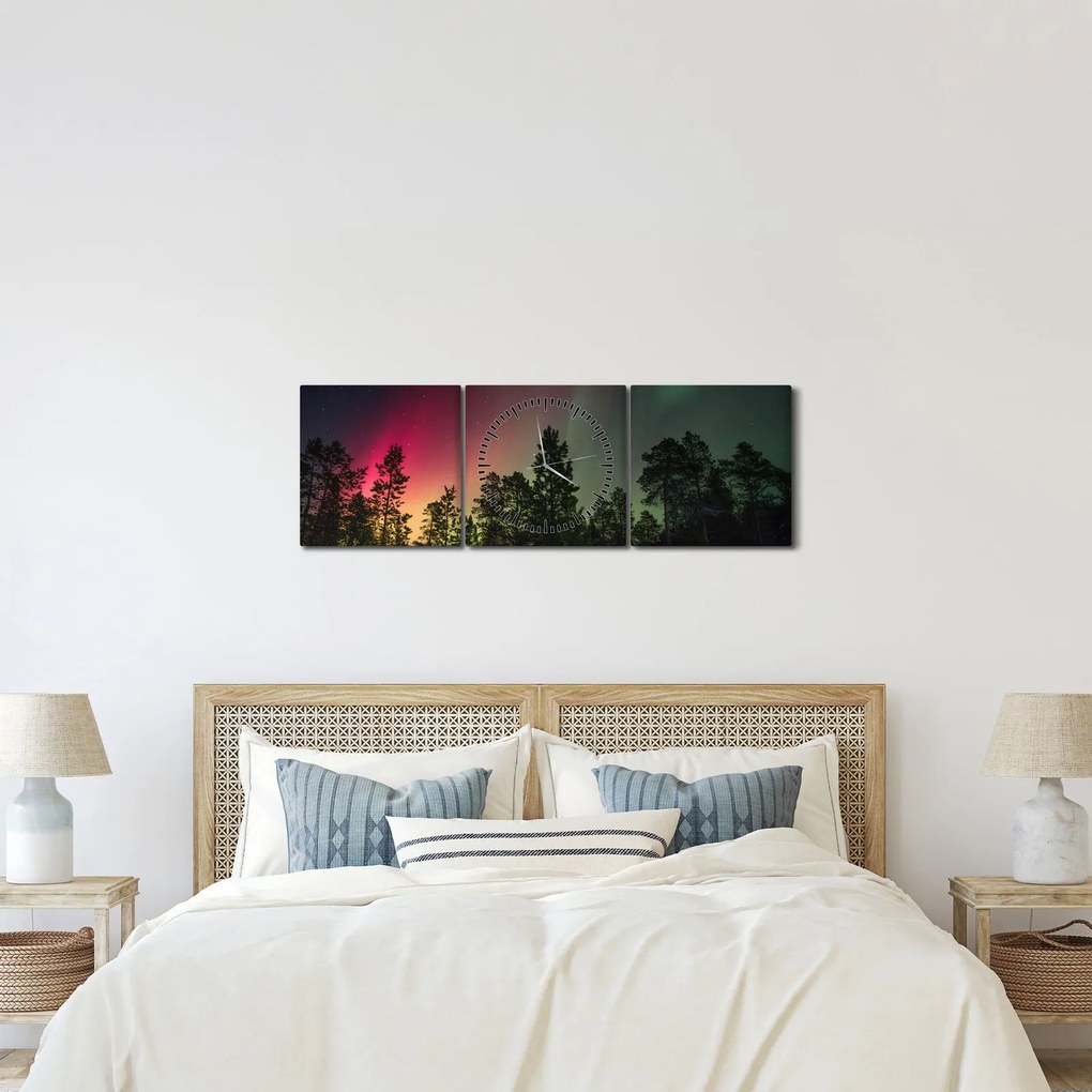 Obraz zorzy polarnej (z zegarem) (90x30 cm)