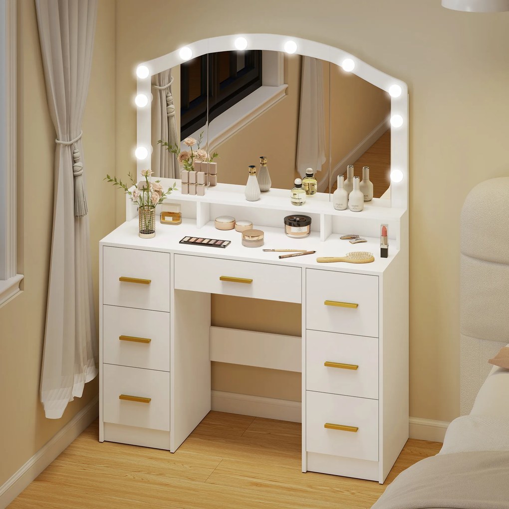 HOMCOM Toaletka z 10 lampami LED w stylu Hollywood, lustro, 7 szuflad, 3 przegrody, MDF, biała