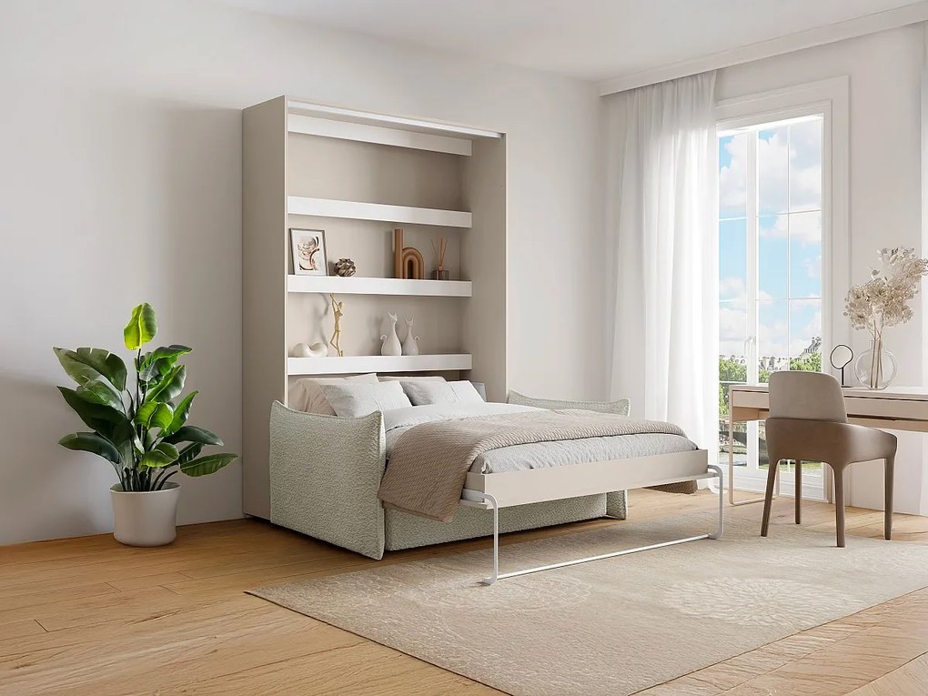 Łóżko chowane w szafie 140 x 200 cm - Otwierane pionowo ręcznie - Z oświetleniem LED - Beżowe + Materac + Kanapa - RAPILI