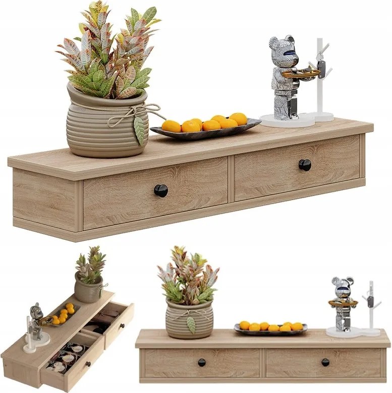 Półka wisząca z szufladami brązowa nowoczesna loft sypialnia ścienna 64 cm