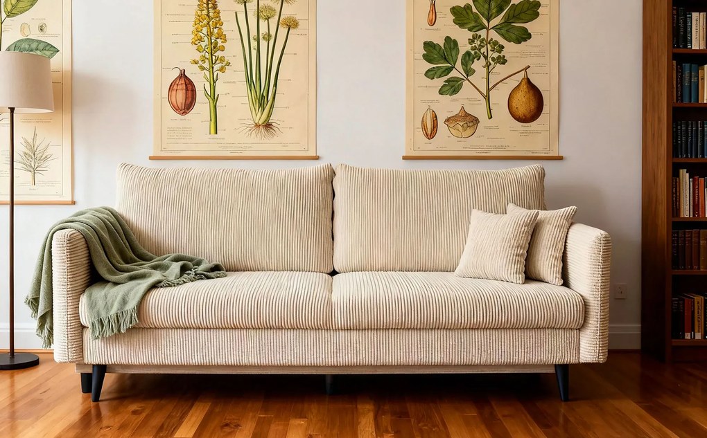 Beżowa sztruksowa kanapa rozkładana z pojemnikiem P5-H93