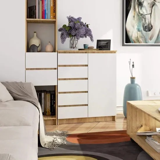 Skandynawska Komoda Biały Z Szufladami Dąb Artisan + M8-R35