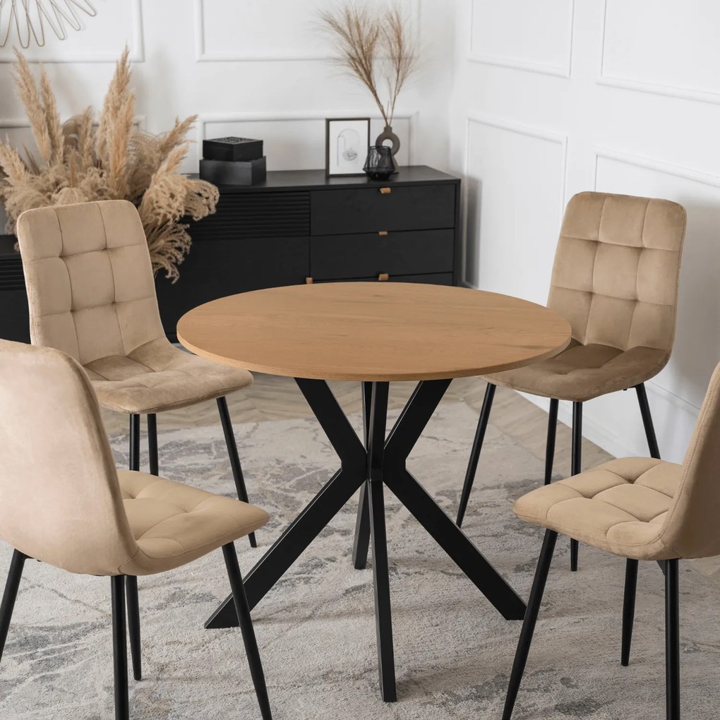 Okrągły stół industrialny Lauren 90 cm, dąb złoty/czarny