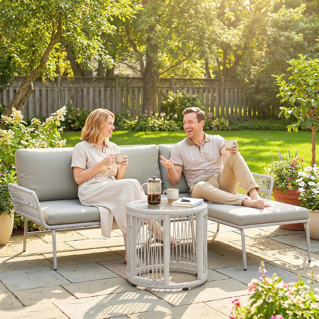 Outsunny Polyrattan Zestaw mebli ogrodowych 3-częściowy, zestaw wypoczynkowy z leżanką, sofą dwuosobową i szklanym stolikiem | Aosom PL
