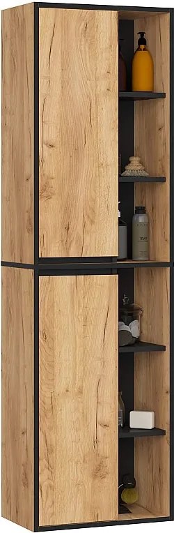 Szafka łazienkowa wisząca AKORD VAMI Dąb Craft, Czarny 50 cm 2 drzwi 10 półek 50x170x30 cm