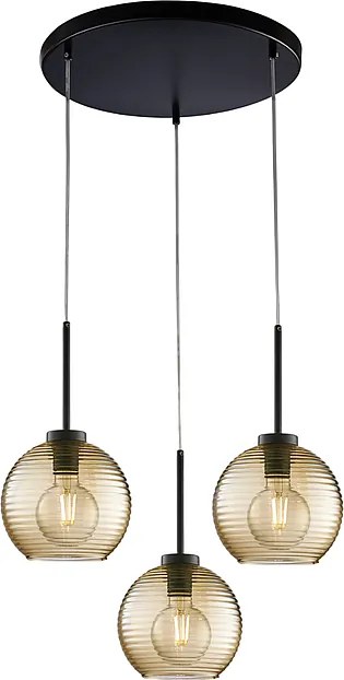 Ankara lampa wisząca 3 światła, czarne lakierowane żelazo, bursztynowe szkło dmuchane, regulowane kable, nowoczesna