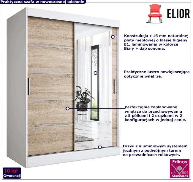 Szafa przesuwna 150 cm biel + dąb sonoma - Marmos 4X
