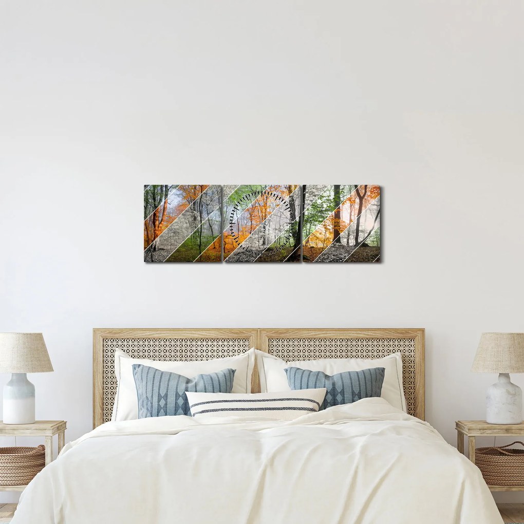 Obraz - Zmieniające się pory roku (z zegarem) (90x30 cm)