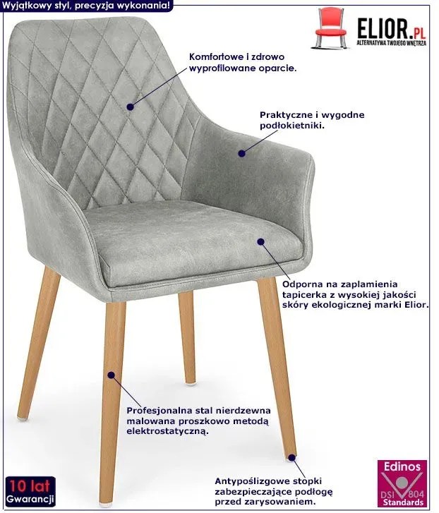 Szare pikowane krzesło tapicerowane z podłokietnikami H7-R24