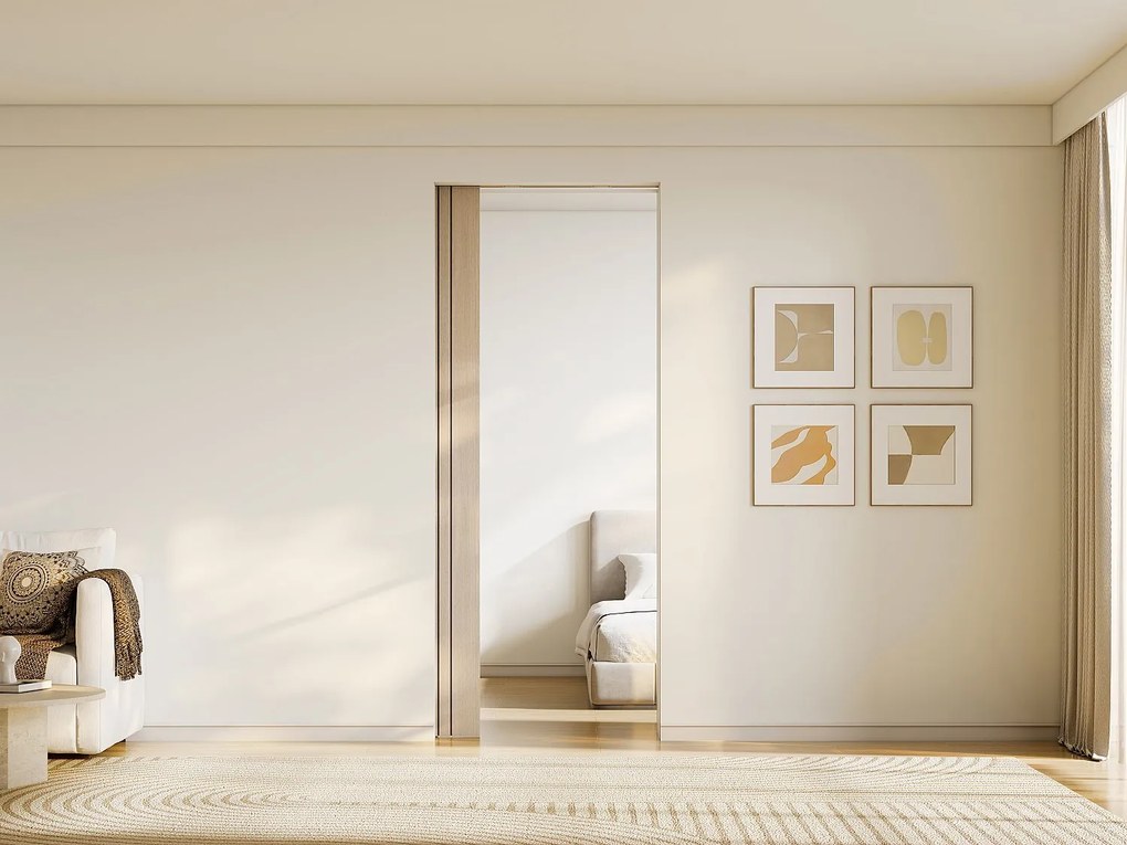 Drzwi przesuwne z systemem chowanym w ścianie z drewna i MDF z prążkami - W205 x S93 cm - AREZO