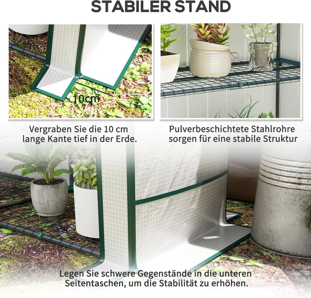 Outsunny Mini szklarnia z 3-poziomową półką, osłona z plastiku, odporna na UV, przenośna, drzwi rolowane, 144 x 48 x 152 cm, Biała