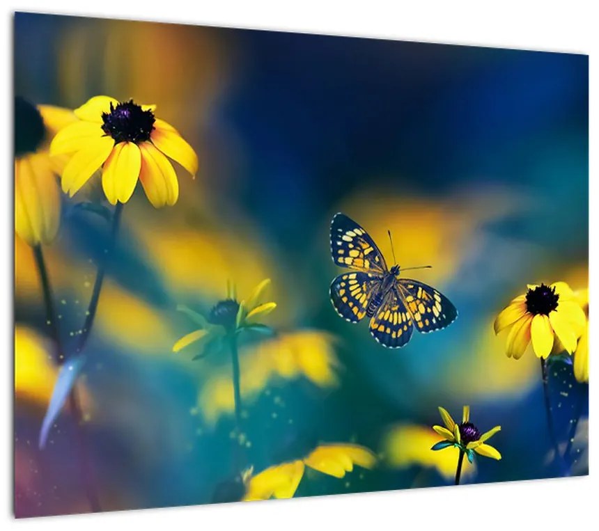 Obraz - Żółty motyl z kwiatami (70x50 cm)