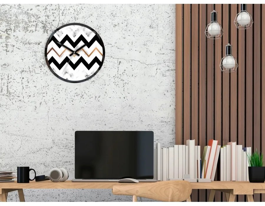 Zegar ścienny cichy czarny akrylowy do salonu okrągły w zygzak marmur gold