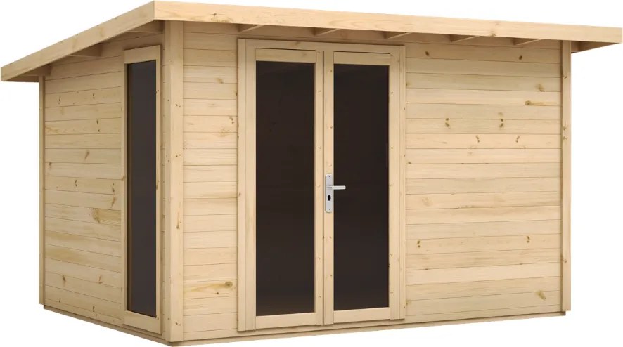 DREWNIANY DOMEK 344,4 x 244,4 cm NARZĘDZIOWY OGRODOWY KARMNIK ZE ŚWIERKU – SCHOWEK NA NARZĘDZIA Z PRZESZKLONYMI DRZWIAMI