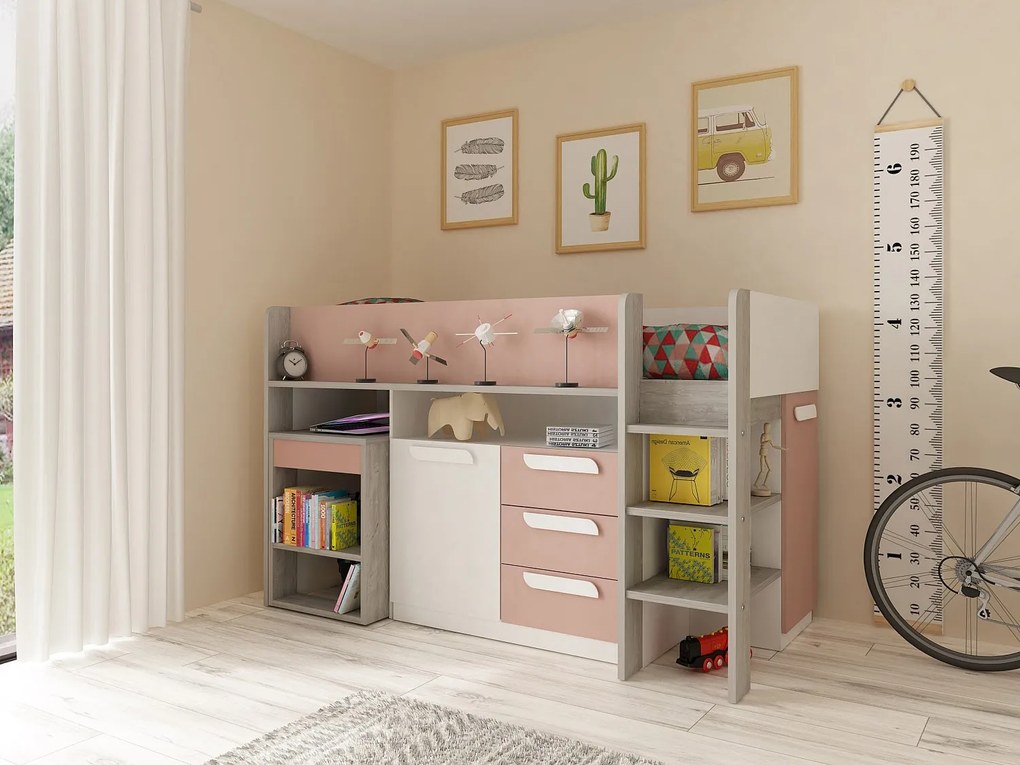Łóżko na antresoli 90 x 200 cm - Z biurkiem i ze skrzynią - Różowy, naturalne drewno i biały - LOUKALA